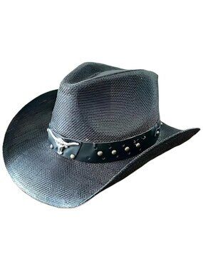 STRAW COWBOY HAT - Black with Longhorn Accent Band (Adult Size)